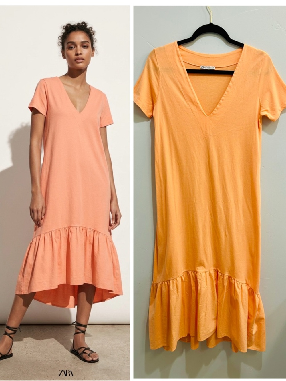 Zara Pastel Peach Cotton Knit Midi Dress Ruffle Hem Boho Coastal Summer - Small